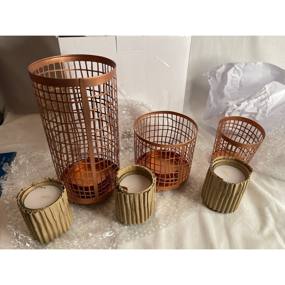 KRIXOT Etched Candle Holders Set of 3 Copper Metal Mesh Votive Lanterns with Wax
